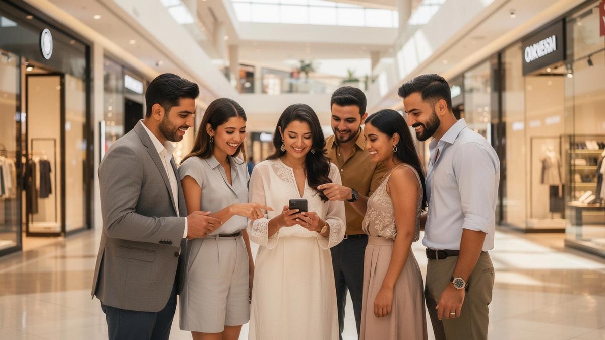 UAE shoppers reviewing membership savings offers on a mobile device in a bright modern retail setting
